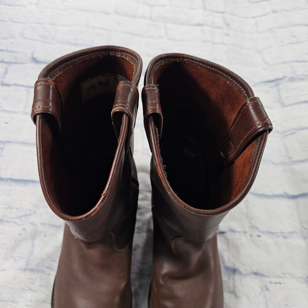 JH Hall Lineman Pull On Boots MENS 10 Brown Leather Western Work Lug Sole - Picture 3 of 14